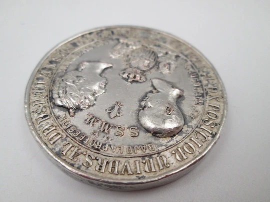 First Universal Exhibition of Spain and its Colonies medal. Silver copper. High relief. 1888