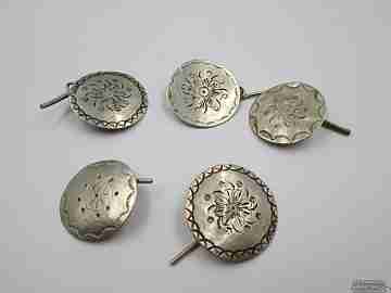 Five regional costumes buttons. Silver. Floral motifs. Handmade. 1940's