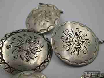 Five regional costumes buttons. Silver. Floral motifs. Handmade. 1940's