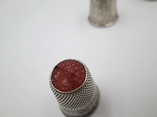 Five sewing thimbles. Sterling silver. Hammer texture & ornate motifs