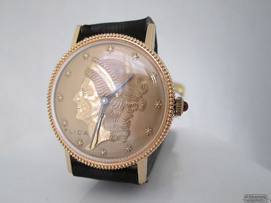 Flica. Pink gold plating. Manual wind. 1960's. Swiss. Bust female