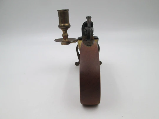 Flintlock tinder pistol lighter with candle holder. Iron and brass. Wooden handle. Italy