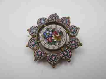 Flowers micro mosaic brooch. Gold plated and colours stones. Italy. 1960's