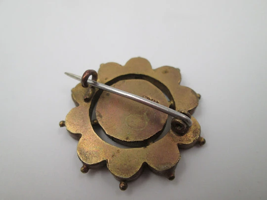 Flowers micro mosaic brooch. Gold plated and colours stones. Italy. 1960's