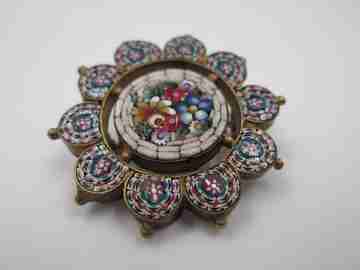 Flowers micro mosaic brooch. Gold plated and colours stones. Italy. 1960's