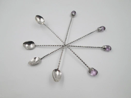 Four cocktail mixing spoons. 900 sterling silver and amethyst crystals. Chile. 1980's