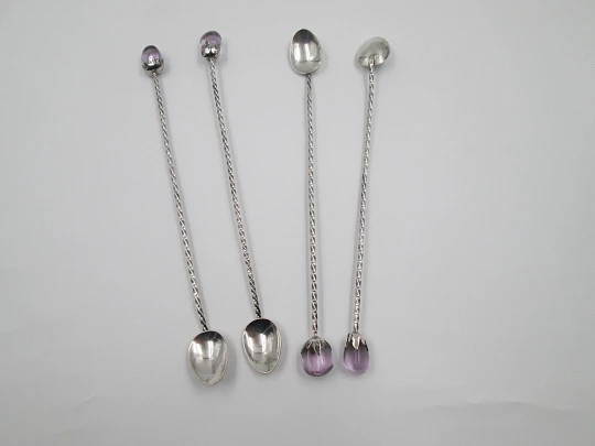 Four cocktail mixing spoons. 900 sterling silver and amethyst crystals. Chile. 1980's