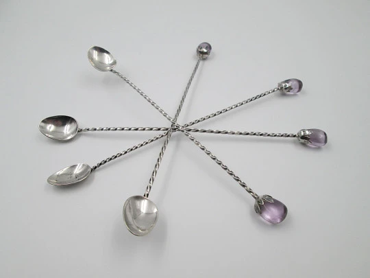 Four cocktail mixing spoons. 900 sterling silver and amethyst crystals. Chile. 1980's