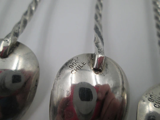 Four cocktail mixing spoons. 900 sterling silver and amethyst crystals. Chile. 1980's