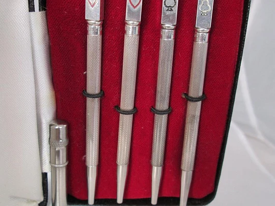 Four mechanical pencils. Sterling silver. 1950's. Box. Mines. Cards