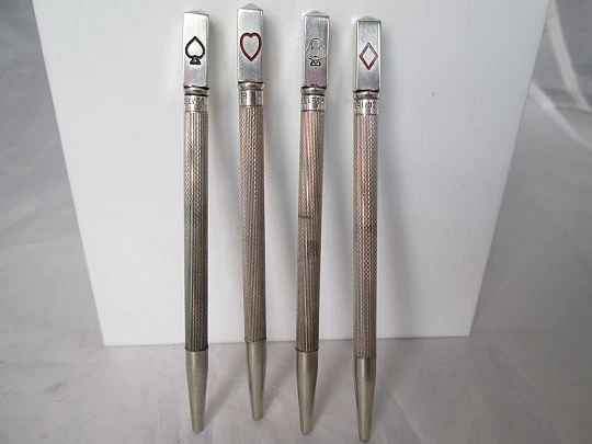 Four mechanical pencils. Sterling silver. 1950's. Box. Mines. Cards