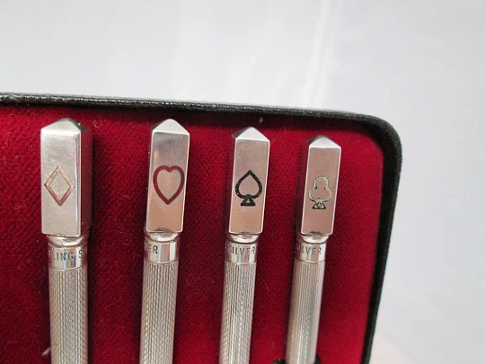 Four mechanical pencils. Sterling silver. 1950's. Box. Mines. Cards
