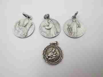 Four religious medals. Sterling silver. Virgin, Christ and Saints. 1960's