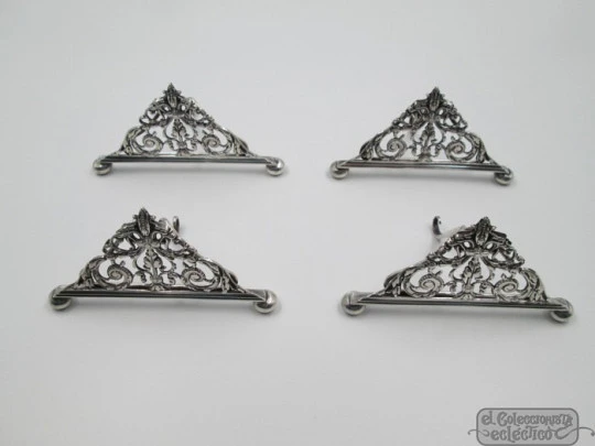 Four table place card holders. Silver plated. 1940's. UK. Openwork