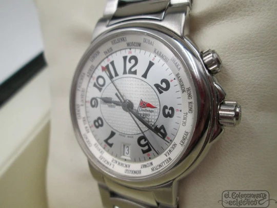 Frederique Constant Challenge GMT. Automático. Estuche. Acero. Fecha. 2003