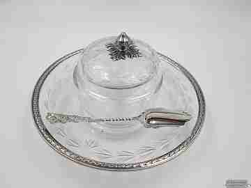French jam pot with spoon. Sterling silver & cut crystal. 1930's