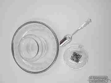 French jam pot with spoon. Sterling silver & cut crystal. 1930's