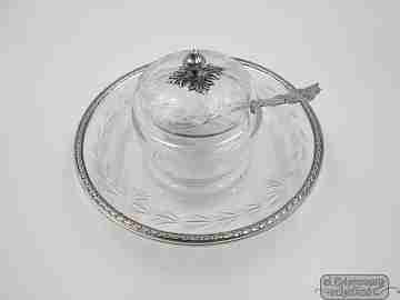 French jam pot with spoon. Sterling silver & cut crystal. 1930's