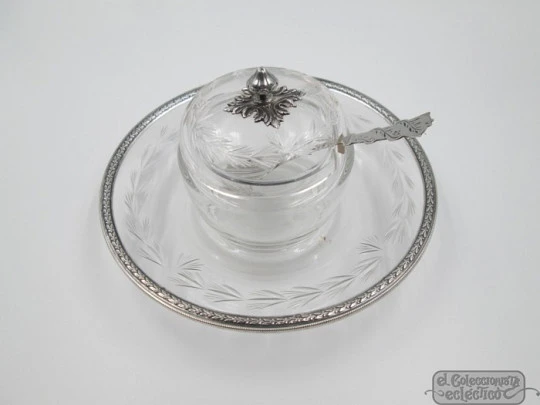 French jam pot with spoon. Sterling silver & cut crystal. 1930's