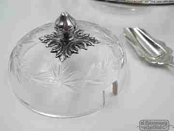 French jam pot with spoon. Sterling silver & cut crystal. 1930's