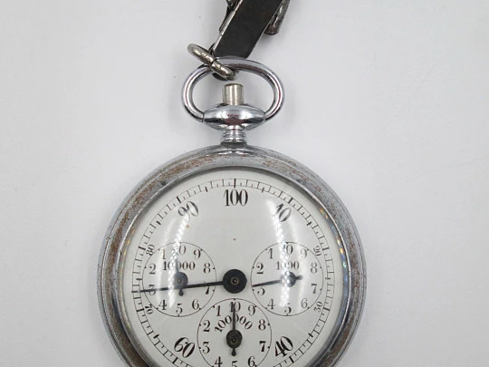French pocket pedometer. Silver plated. 1930. Hundred thousand steps