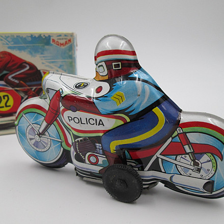 Friction Tinplate Sprint Motorcycle Roman Toys Police V-201 Box
