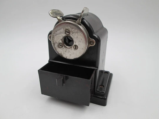 FTE Office Pencil Sharpener. Circa 1950s. Mottled black bakelite