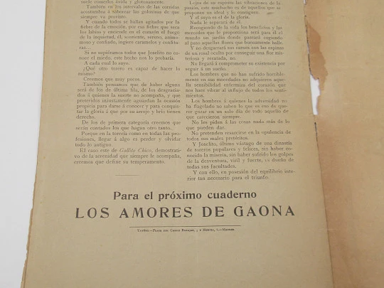 Gallant Life of the Bullfighters. The loves of Joselito (Juan López). Illustrated cover. 1910's