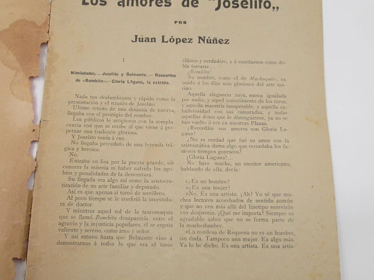 Gallant Life of the Bullfighters. The loves of Joselito (Juan López). Illustrated cover. 1910's