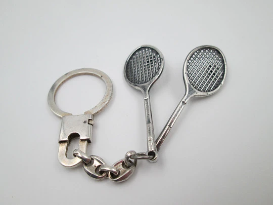 Gentleman keychain. 925 sterling silver. Tennis rackets and balls. Ring clasp. 1970's. Spain