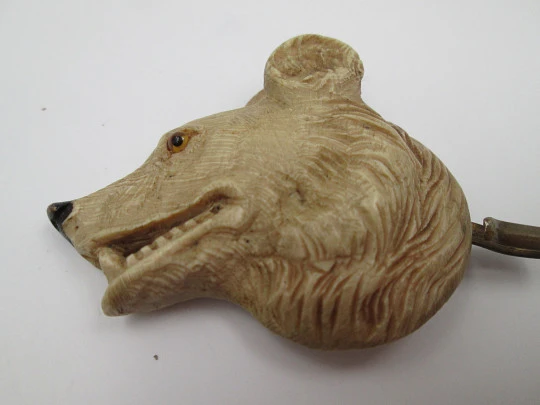 Gentleman's cape / cloak clasp. Grey resin and golden metal. Wolves heads. Europe. 1950's