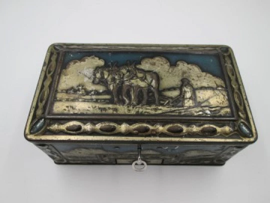 George Bassett & Co. confectionery candy tinplate box. Lock & drawer. 1930's