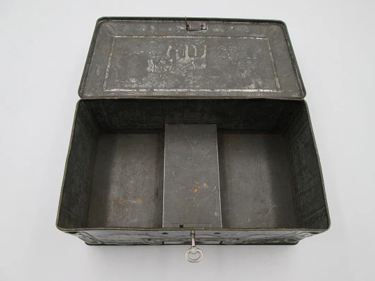 George Bassett & Co. confectionery candy tinplate box. Lock & drawer. 1930's