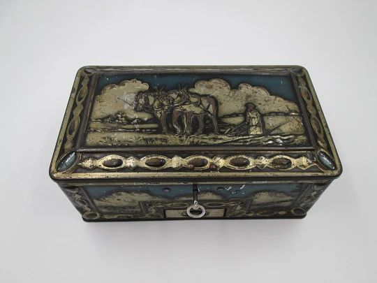 George Bassett & Co. confectionery candy tinplate box. Lock & drawer. 1930's