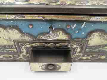 George Bassett & Co. confectionery candy tinplate box. Lock & drawer. 1930's