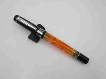 German fountain pen. Orange and black pearl resin. Silver plated details. Golden nib. 2005's