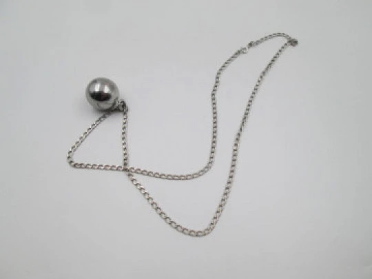 Gilco flat links chain with sphere jingle bell pendant. 925 sterling silver. 1980's