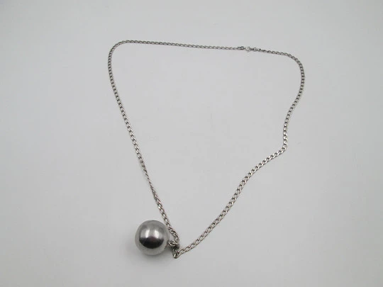 Gilco flat links chain with sphere jingle bell pendant. 925 sterling silver. 1980's