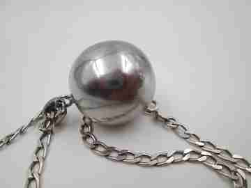 Gilco flat links chain with sphere jingle bell pendant. 925 sterling silver. 1980's