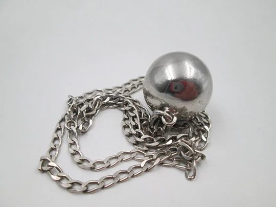 Gilco flat links chain with sphere jingle bell pendant. 925 sterling silver. 1980's