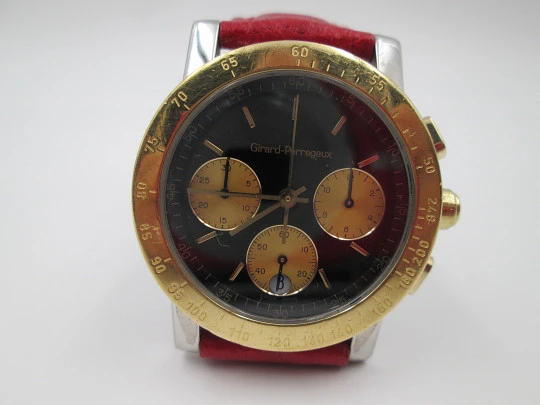 Girard Perregaux Gefica 7700 chronograph. 18k gold and steel. Quartz. Bracelet & strap. 1998's