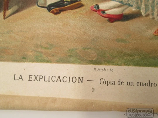 Grabado a color / litografía. La Explicación. M. Pujadas. 1890. Barcelona