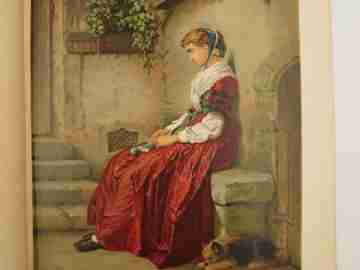 Grabado a color / litografía. La Huérfana. Compte-Calix. 1890