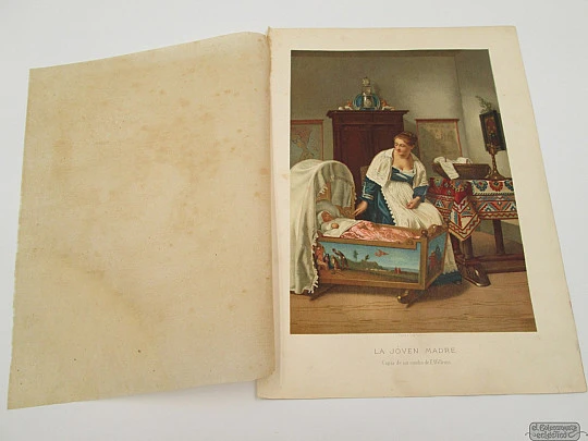 Grabado a color / litografía. La Joven Madre. Espasa y Compañía Editores. 1890
