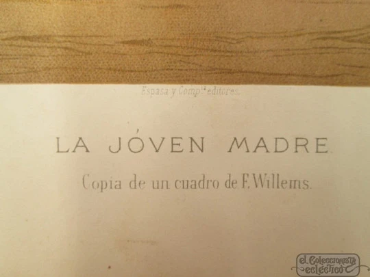 Grabado a color / litografía. La Joven Madre. Espasa y Compañía Editores. 1890