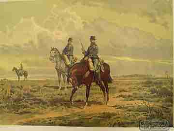 Grabado a color / litografía. Una Avanzada de Caballería. Salvat y Cía. 1890