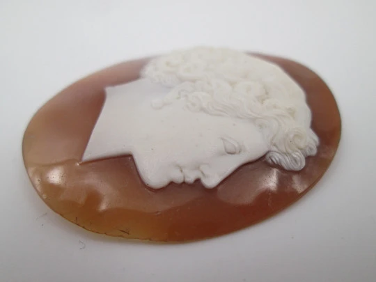Greek woman profile bust oval bitone cameo. High relief work. 1960's. Europe