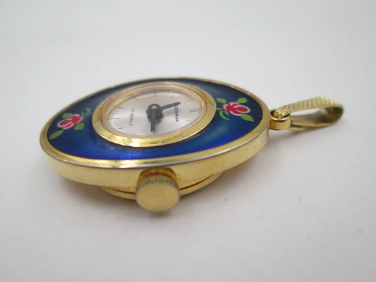 Grovana pendant watch. Gold plated and flowers enamel. Manual wind. Swiss. 1970's Grovana pendant watch. Gold plated and flowers enamel. Manual wind. Swiss. 1970's