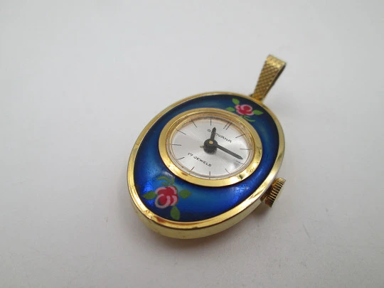 Grovana pendant watch. Gold plated and flowers enamel. Manual wind. Swiss. 1970's Grovana pendant watch. Gold plated and flowers enamel. Manual wind. Swiss. 1970's