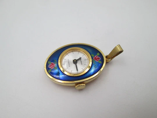 Grovana pendant watch. Gold plated and flowers enamel. Manual wind. Swiss. 1970's Grovana pendant watch. Gold plated and flowers enamel. Manual wind. Swiss. 1970's